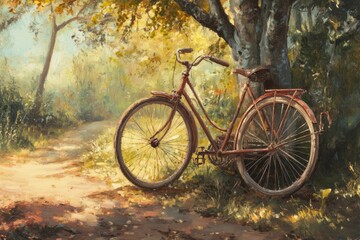 Fototapeta premium A classic bicycle leans against a tree on a sun-dappled path, surrounded by vibrant autumn foliage in a tranquil forest setting.