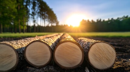Obraz premium Sunset over logged tree trunks in a tranquil forest setting, showcasing nature's beauty and timber resources.