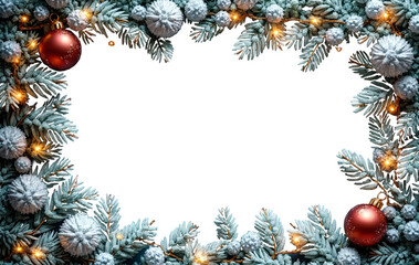 Festive Christmas frame with pine branches, golden ornaments, snowflakes, and warm lights. Perfect for holiday-themed designs or greeting cards, on a transparent background.

