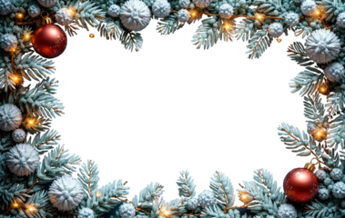 Festive Christmas frame with pine branches, golden ornaments, snowflakes, and warm lights. Perfect for holiday-themed designs or greeting cards, on a transparent background.

