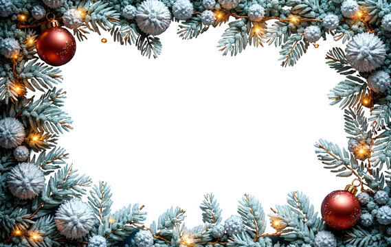 Festive Christmas frame with pine branches, golden ornaments, snowflakes, and warm lights. Perfect for holiday-themed designs or greeting cards, on a transparent background.


