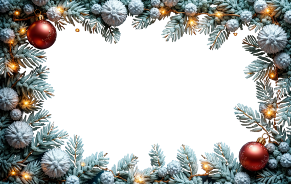 Festive Christmas frame with pine branches, golden ornaments, snowflakes, and warm lights. Perfect for holiday-themed designs or greeting cards, on a transparent background.

