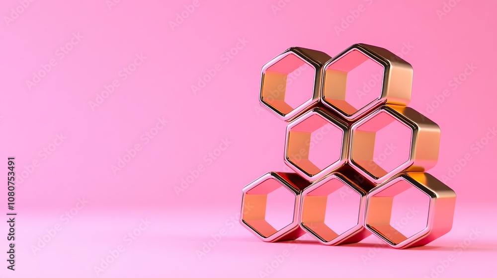Poster a modern design featuring hexagon-shaped metallic objects stacked on a vibrant pink background, crea