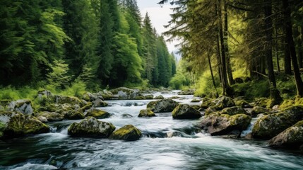 Fototapeta premium Pristine River Flows Through Lush Green Forest