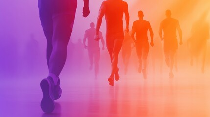 Silhouetted runners move through a vibrant, colorful haze, creating a dynamic scene, AI