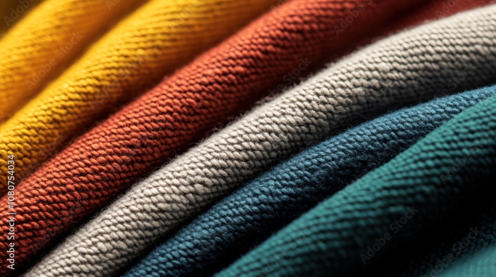Poster a close-up view of colorful, folded fabric displaying a variety of textures and shades in a smooth g