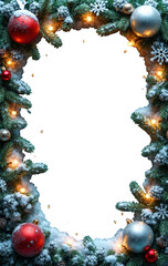 Festive Christmas frame with pine branches, golden ornaments, snowflakes, and warm lights. Perfect for holiday-themed designs or greeting cards, on a transparent background.

