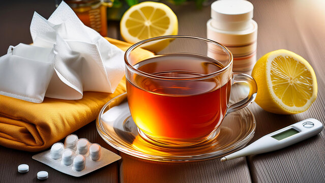 Flu tea surrounded by nasal tissues and medicine.