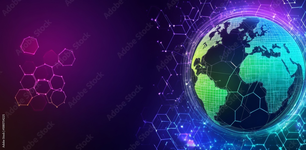 Poster the globe is surrounded by glowing points that symbolize innovation and technology.
