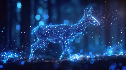 A glowing blue deer made of connected dots and lines stands in a dark forest.