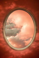 A view of the sky through the window of an airplane, capturing the soft pink and grey hues of the clouds