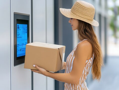 A woman in a straw hat interacts with a smart delivery box while holding a cardboard package outdoors.