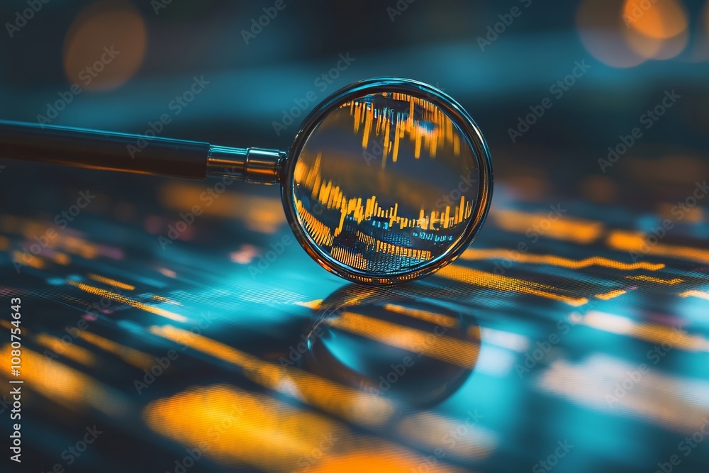 Poster a magnifying glass focuses on digital financial data, highlighting graphs and charts on a vibrant sc