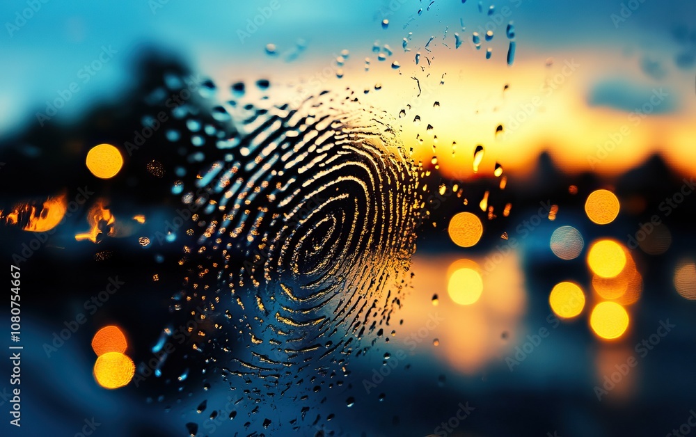 Poster a close-up of raindrops on a window, creating a mesmerizing pattern against a sunset backdrop with b