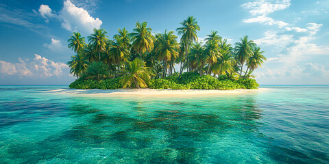 An enchanting tropical island features dense palm groves surrounded by crystal-clear turquoise ocean waters.