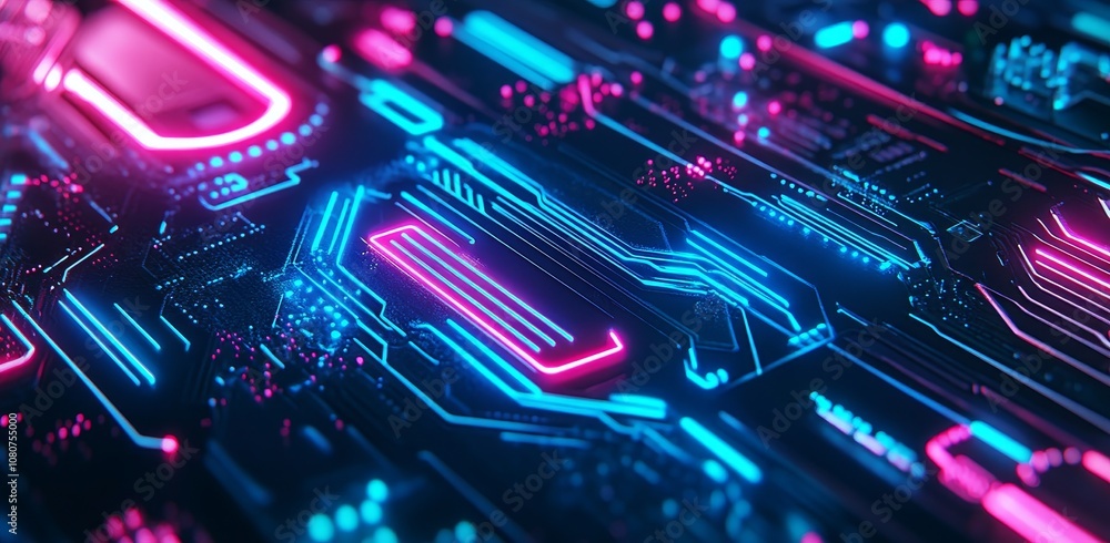 Poster an illustration of a futuristic digital hi-tech space with grid lines and circuits on a deep purple 