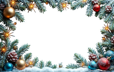 Festive Christmas frame with pine branches, golden ornaments, snowflakes, and warm lights. Perfect for holiday-themed designs or greeting cards, on a transparent background.

