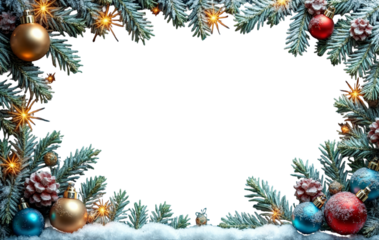 Festive Christmas frame with pine branches, golden ornaments, snowflakes, and warm lights. Perfect for holiday-themed designs or greeting cards, on a transparent background.

