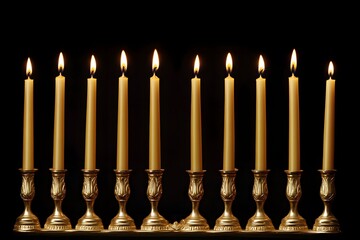 Fototapeta premium Candles lit on a decorative menorah.