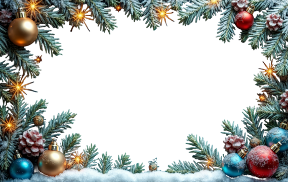 Festive Christmas frame with pine branches, golden ornaments, snowflakes, and warm lights. Perfect for holiday-themed designs or greeting cards, on a transparent background.

