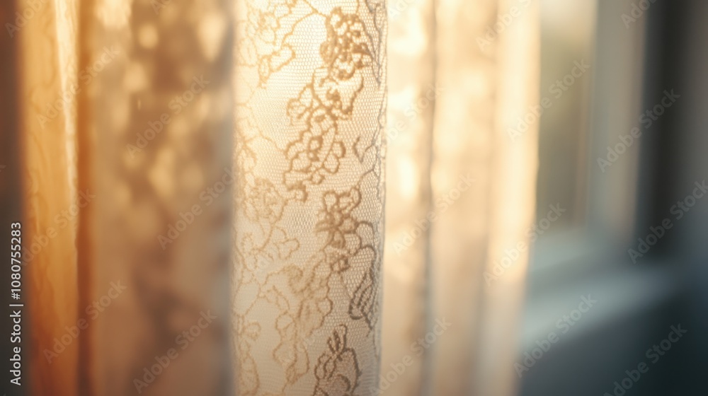 Poster a softly illuminated curtain with a delicate floral pattern, casting gentle light into a serene spac
