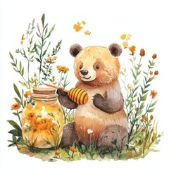 water color illustration of composition of teddy bear and honey for children's books on white background