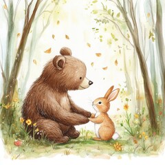 water color illustration of composition of teddy bear and bunny rabbit for children's books on white background