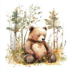 water color illustration of composition of teddy bear in forest for children's books on white background