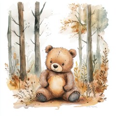 water color illustration of composition of teddy bear in forest for children's books on white background
