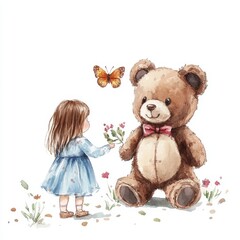 water color illustration of composition of teddy bear and girl for children's books on white background