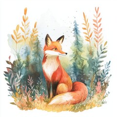 water color illustration of composition of fox in the forest for children's books on white background