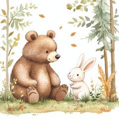 water color illustration of composition of teddy bear and bunny rabbit for children's books on white background