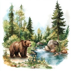 water color illustration of composition of teddy bear near to river for children's books on white background