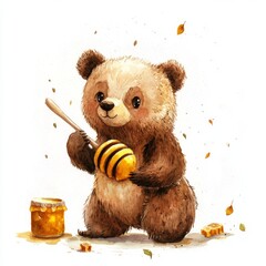 water color illustration of composition of teddy bear and honey for children's books on white background