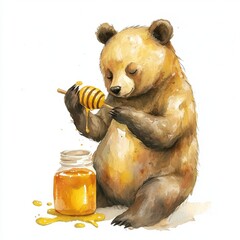 water color illustration of composition of teddy bear and honey for children's books on white background