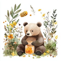 water color illustration of composition of teddy bear and honey for children's books on white background