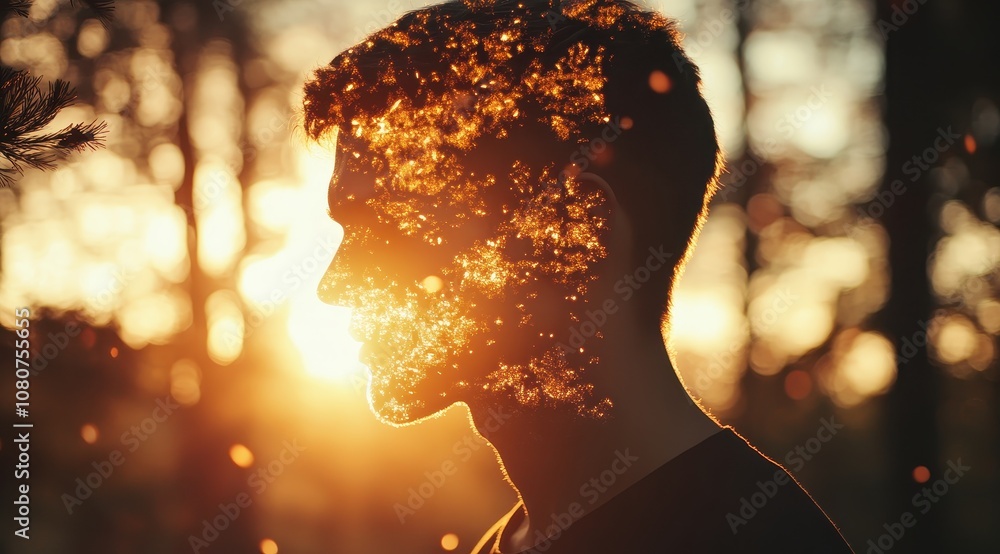 Poster a silhouette of a person with glowing particles blending into a sunset, creating a striking contrast