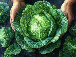 Obraz premium Explore the beauty of a detailed watercolor depiction of a green cabbage with tightly packed leaves