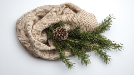 Fototapeta premium Pine Branch and Pine Cone on a Knitted Fabric
