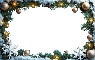 Festive Christmas frame with pine branches, golden ornaments, snowflakes, and warm lights. Perfect for holiday-themed designs or greeting cards, on a transparent background.

