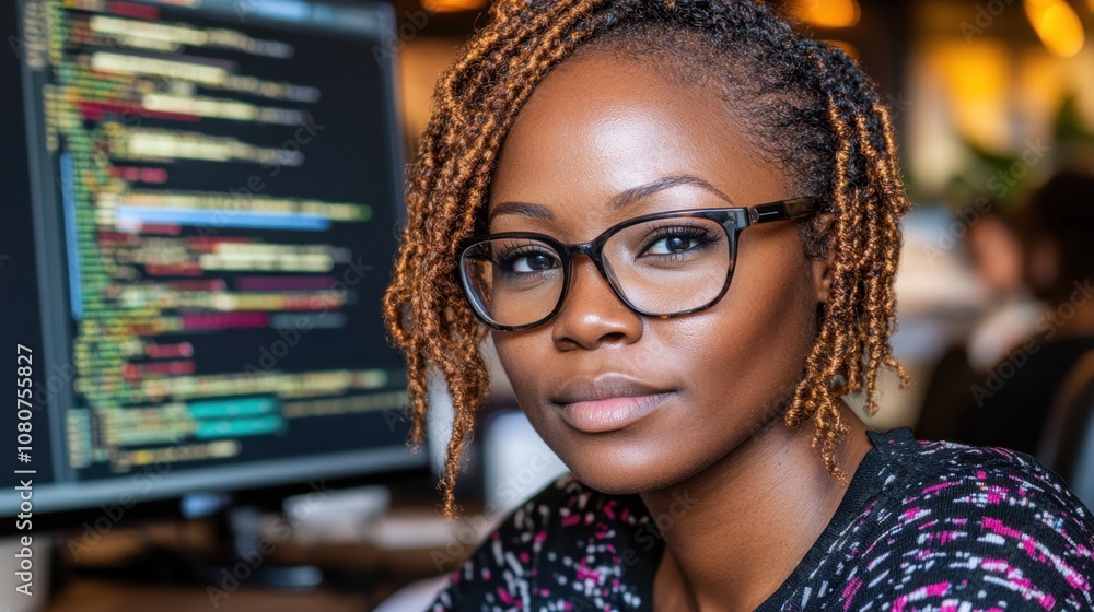 Poster focused female software developer in modern office environment with code on screen, showcasing techn