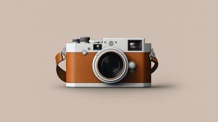 Vintage camera with leather strap, designed for capturing memories, isolated on a light background.