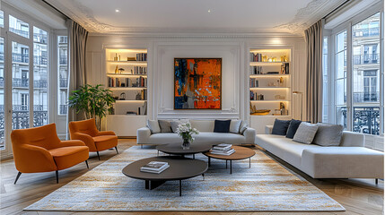 Elegant Living Room Interior Design with Abstract Artwork, Orange Armchairs, and Neutral Sofa