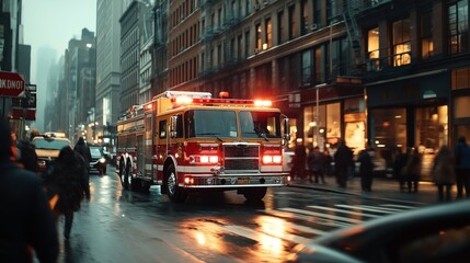 Red fire truck with lights on driving down a city street on a rainy evening with blurred pedestrians and buildings in the background.