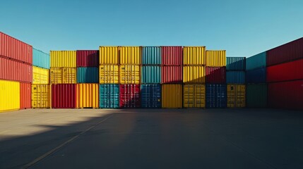 Fototapeta premium Brightly colored shipping containers are stacked geometrically, forming a vibrant industrial scene against a clear sky.