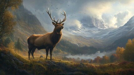 Fototapeta premium Majestic Stag in Mountainous Landscape