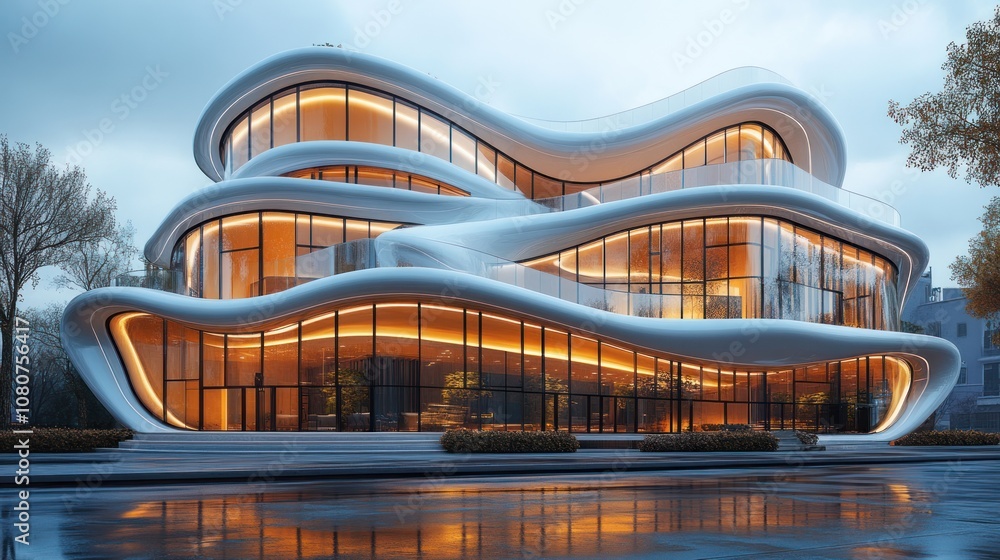Poster futuristic building with flowing design and illuminated features.