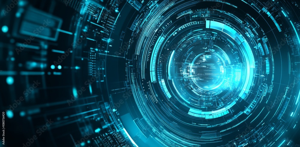 Poster a futuristic blue digital screen with gridlines of digital high tech elements. concepts of digital i