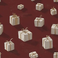 Fototapeta premium Hand-drawn seamless pattern illustration of scattered elegant cream Christmas gift boxes tied with gold ribbons on a luxurious deep burgundy background.