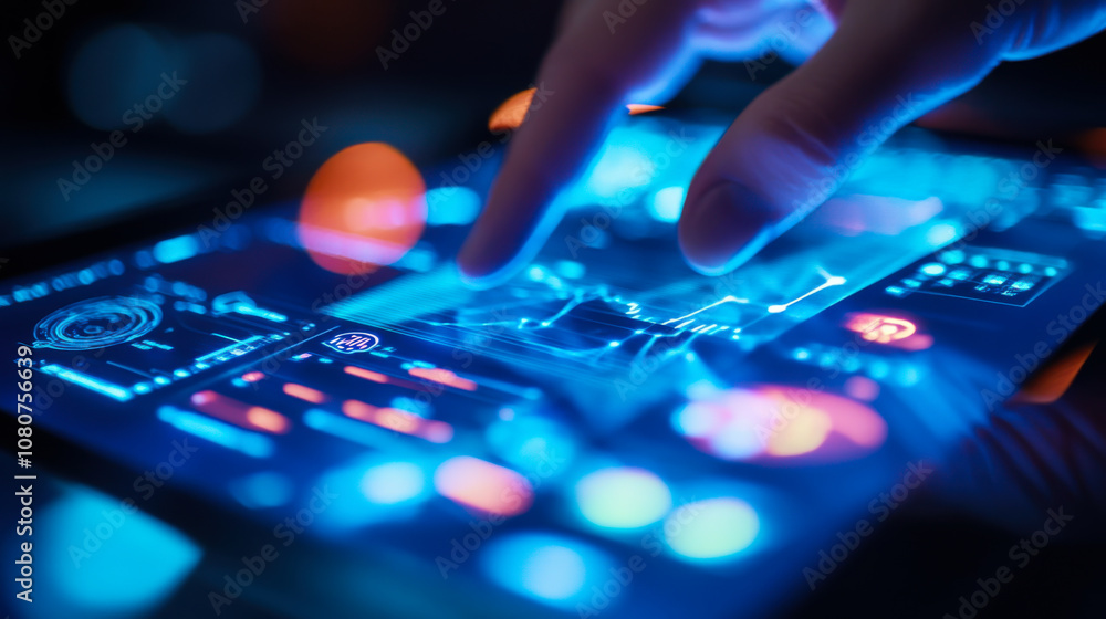 Poster a person interacts with a high-tech digital interface displaying vibrant analytics data in a dark en